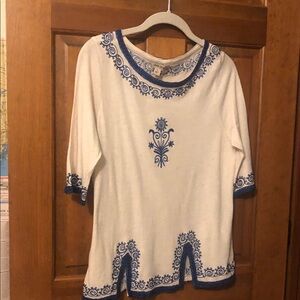 Lucky Brand Embroidered Cream Blue Blouse Small NWT